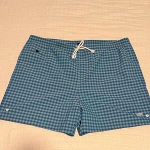 Faconnable Teal and Navy Check Swim Trunks